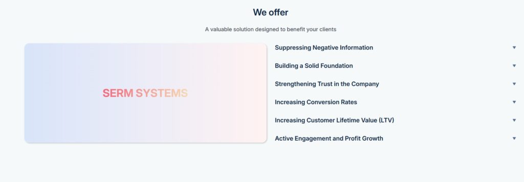 List of services on the website provided by SERM SYSTEMS